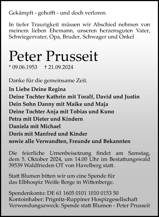 Traueranzeige von Peter Prusseit von Wochenspiegel