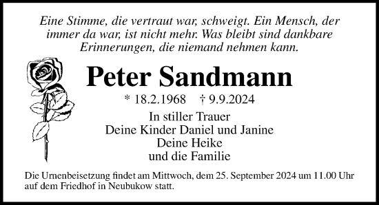 Traueranzeige von Peter Sandmann von Ostsee-Zeitung GmbH