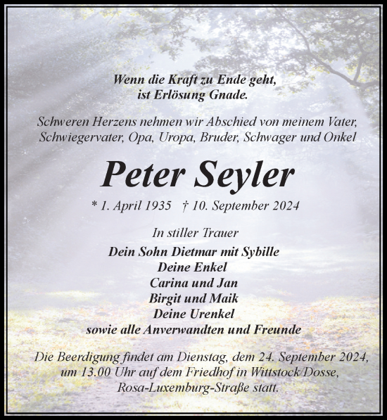 Traueranzeige von Peter Seyler von Wochenspiegel