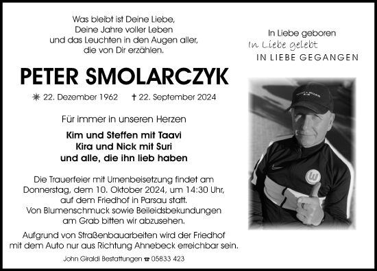 Traueranzeige von Peter Smolarczyk von Aller Zeitung