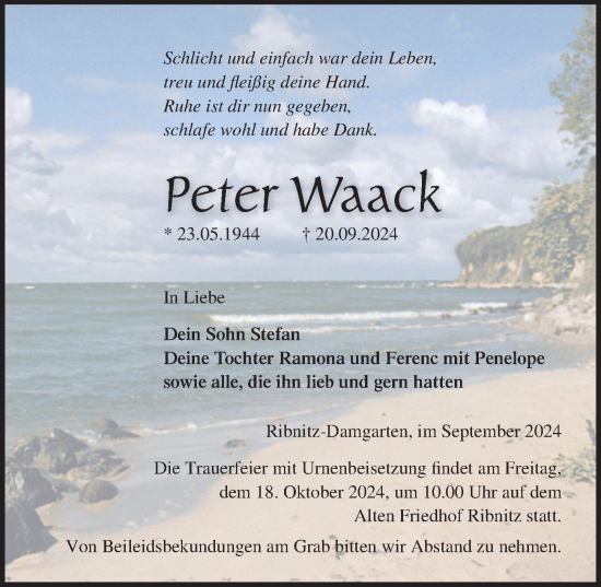 Traueranzeige von Peter Waack von Ostsee-Zeitung GmbH