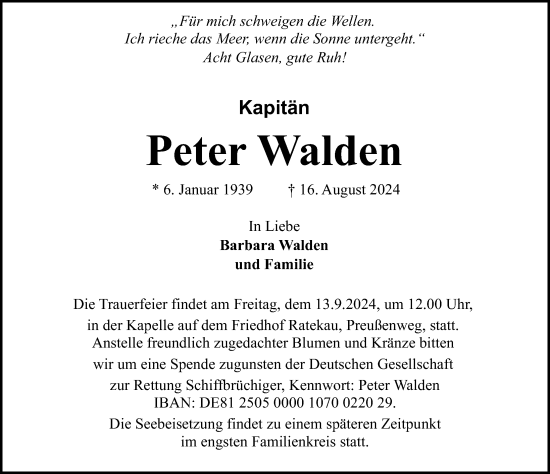 Traueranzeige von Peter Walden von Lübecker Nachrichten