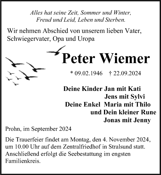 Traueranzeige von Peter Wiemer von Ostsee-Zeitung GmbH