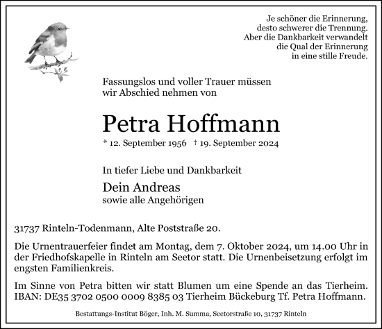 Traueranzeige von Petra Hoffmann von Schaumburger Nachrichten und Schaumburger Zeitung/ Landes-Zeitung