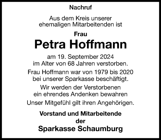 Traueranzeige von Petra Hoffmann von Schaumburger Nachrichten und Schaumburger Zeitung/ Landes-Zeitung