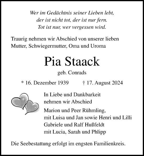 Traueranzeige von Pia Staack von Lübecker Nachrichten