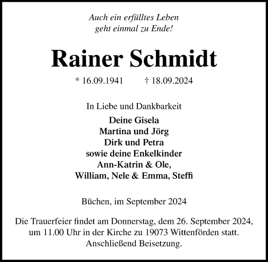 Traueranzeige von Rainer Schmidt von Lübecker Nachrichten