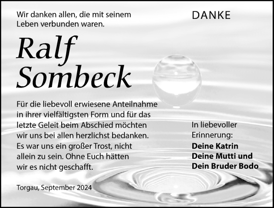 Traueranzeige von Ralf Sombeck von Torgauer Zeitung