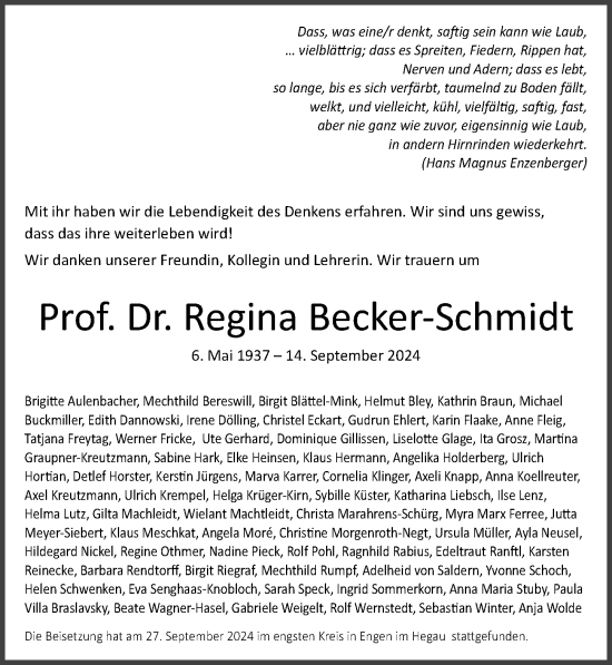 Traueranzeige von Regina Becker-Schmidt von Hannoversche Allgemeine Zeitung/Neue Presse