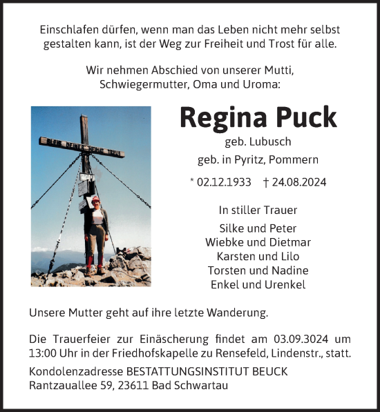 Traueranzeige von Regina Puck von Lübecker Nachrichten