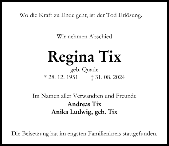 Traueranzeige von Regina Tix von Kieler Nachrichten