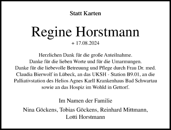 Traueranzeige von Regine Horstmann von Lübecker Nachrichten