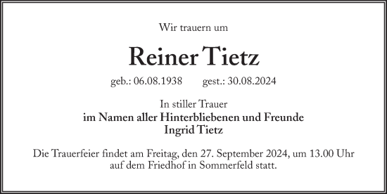 Traueranzeige von Reiner Tietz von Märkischen Allgemeine Zeitung