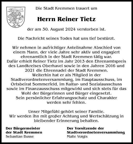 Traueranzeige von Reiner Tietz von Märkischen Allgemeine Zeitung