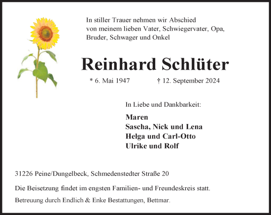 Traueranzeige von Reinhard Schlüter von Peiner Allgemeine Zeitung