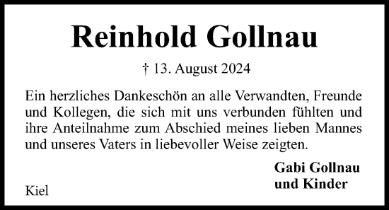 Traueranzeige von Reinhold Gollnau von Kieler Nachrichten