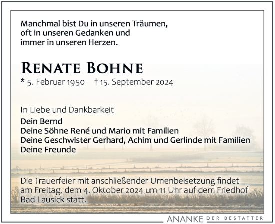 Traueranzeige von Renate Bohne von Leipziger Volkszeitung