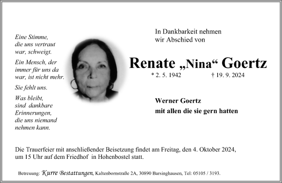 Traueranzeige von Renate Goertz von Hannoversche Allgemeine Zeitung/Neue Presse