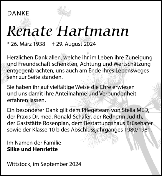 Traueranzeige von Renate Hartmann von Wochenspiegel