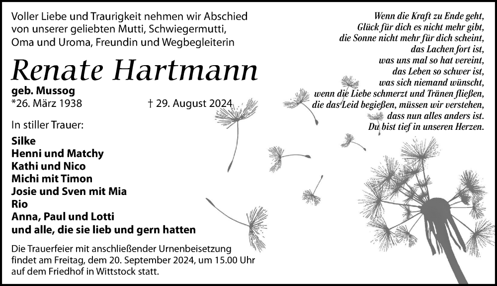  Traueranzeige für Renate Hartmann vom 07.09.2024 aus Wochenspiegel