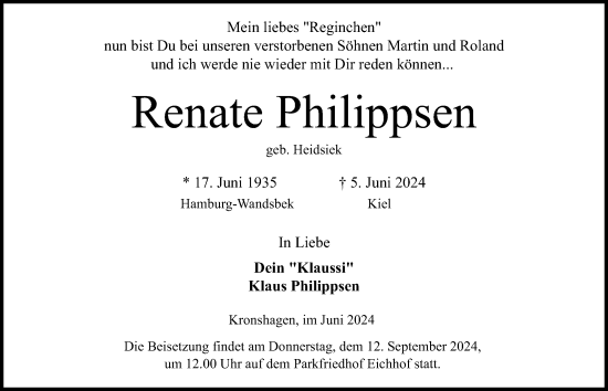 Traueranzeige von Renate Philippsen von Kieler Nachrichten