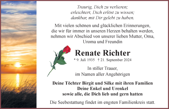 Traueranzeige von Renate Richter von Ostsee-Zeitung GmbH