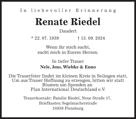 Traueranzeige von Renate Riedel von Hannoversche Allgemeine Zeitung/Neue Presse