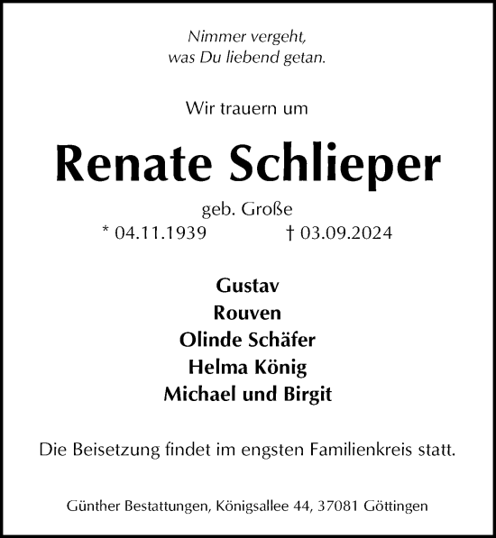 Traueranzeige von Renate Schlieper von Göttinger Tageblatt