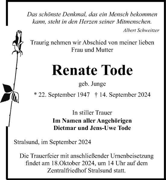 Traueranzeige von Renate Tode von Ostsee-Zeitung GmbH