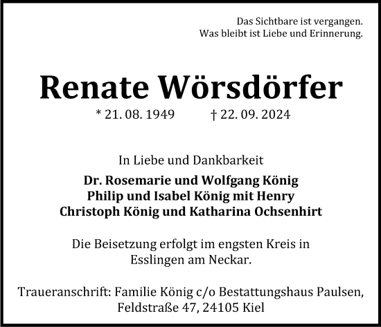 Traueranzeige von Renate Wörsdörfer von Kieler Nachrichten