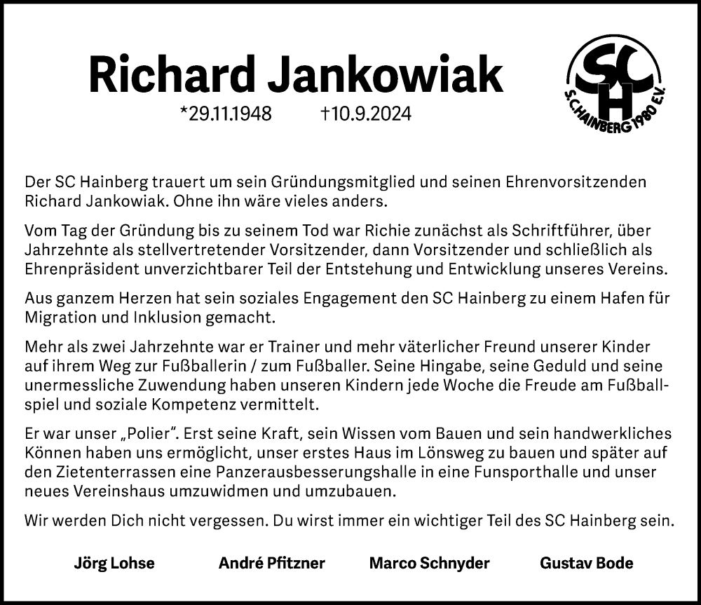  Traueranzeige für Richard Jankowiak vom 14.09.2024 aus Göttinger Tageblatt