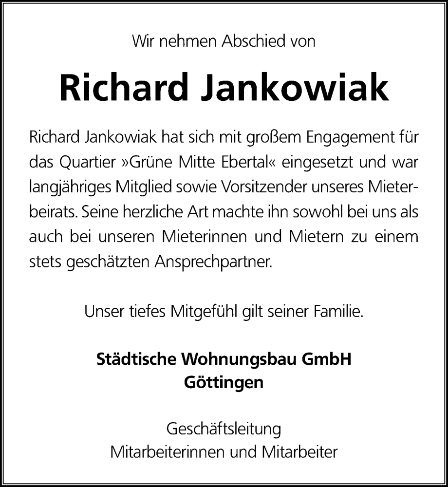  Traueranzeige für Richard Jankowiak vom 14.09.2024 aus Göttinger Tageblatt