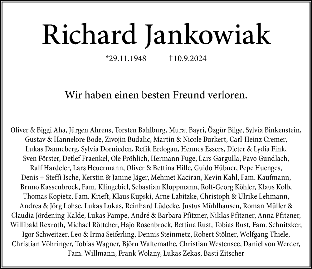  Traueranzeige für Richard Jankowiak vom 14.09.2024 aus Göttinger Tageblatt