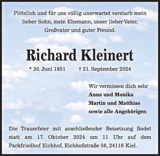 Traueranzeige von Richard Kleinert von Kieler Nachrichten