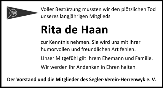 Traueranzeige von Rita de Haan von Lübecker Nachrichten