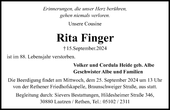 Traueranzeige von Rita Finger von Hannoversche Allgemeine Zeitung/Neue Presse