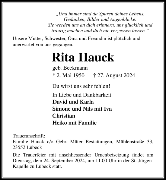 Traueranzeige von Rita Hauck von Lübecker Nachrichten