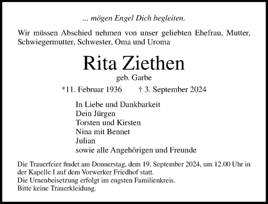 Traueranzeige von Rita Ziethen von Lübecker Nachrichten