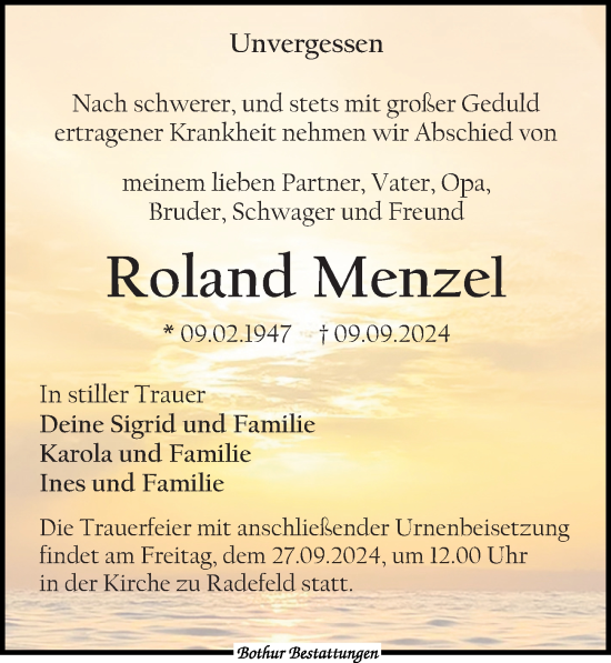 Traueranzeige von Roland Menzel von Leipziger Volkszeitung