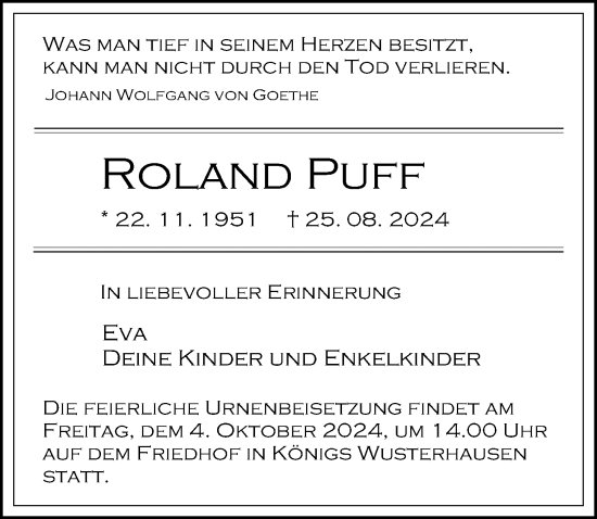 Traueranzeige von Roland Puff von Märkischen Allgemeine Zeitung