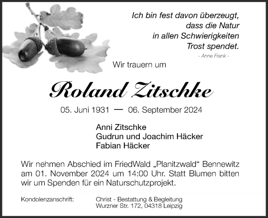 Traueranzeige von Roland Zitschke von Leipziger Volkszeitung