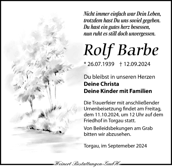 Traueranzeige von Rolf Barbe von Torgauer Zeitung