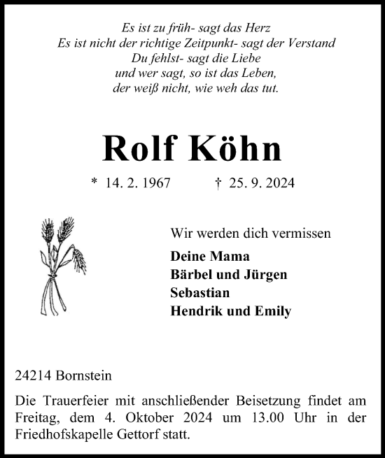 Traueranzeige von Rolf Köhn von Kieler Nachrichten