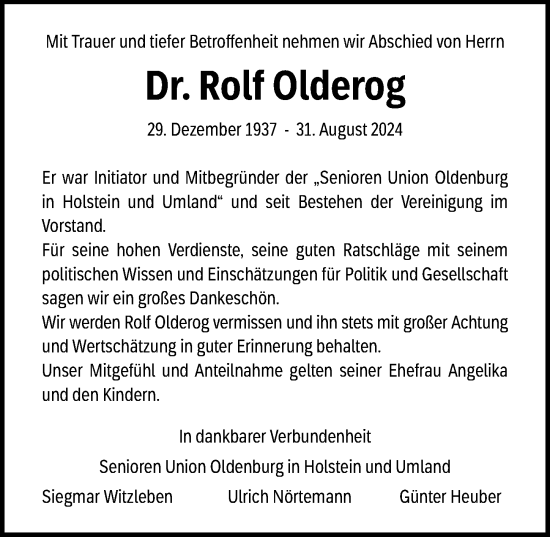 Traueranzeige von Rolf Olderog von Lübecker Nachrichten