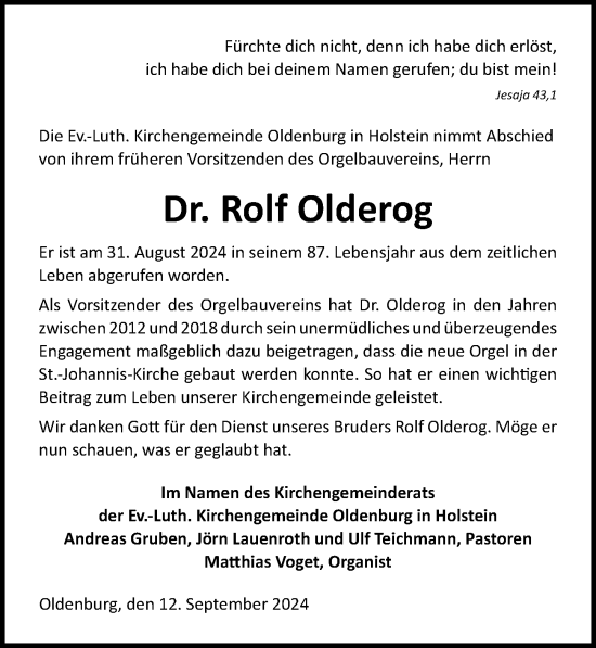 Traueranzeige von Rolf Olderog von Lübecker Nachrichten