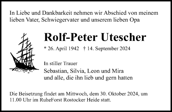 Traueranzeige von Rolf-Peter Utescher von Ostsee-Zeitung GmbH