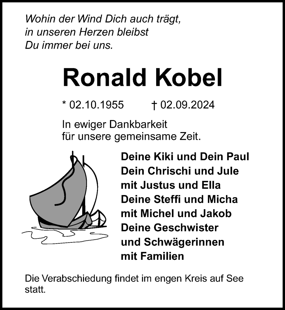  Traueranzeige für Ronald Kobel vom 14.09.2024 aus Ostsee-Zeitung GmbH