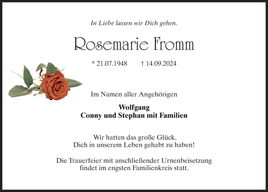 Traueranzeige von Rosemarie Fromm von Märkischen Allgemeine Zeitung