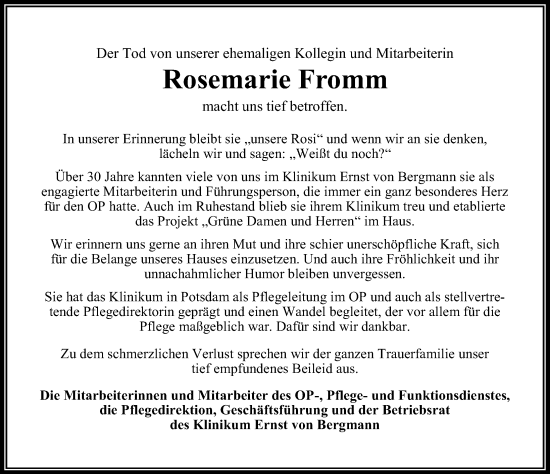 Traueranzeige von Rosemarie Fromm von Märkischen Allgemeine Zeitung