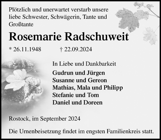 Traueranzeige von Rosemarie Radschuweit von Ostsee-Zeitung GmbH